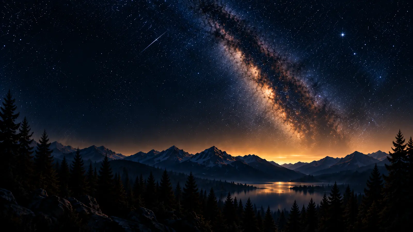 Night sky over mountains and lake